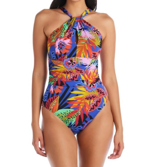 Bleu Rod Beattie Womens Night Safari Floral One Piece Swimsuit High Neck Size 12 - Picture 1 of 13
